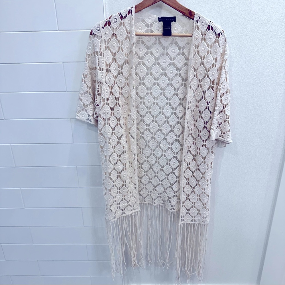 House of Harlow 1960 Cream Crochet Duster Cardigan Fringe